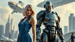 A full-body photograph of a young, slender woman with blond shoulder-length bob hair in a blue jumpsuit, standing in a futuristic cityscape with advanced spacecraft behind them, with a huge android in a huge metal exosuit with a helmet standing guard beside her.