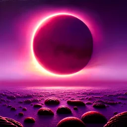 Hyper realist, hyper detailed, intricated, Solaris, alien landscape with red sun, purple sky, views of a purple-pink gelatinous ocean with fractal-like symmetrical extensions, Stanislaw lem, greg rutkowski, Magali villeneuve