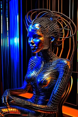 black wire hair connected to wall, chrome chat robot cat woman smiling online in the style of escher and giger, spray paint, photo realism, trending on art station, 8k, depth of field, down light, light rays, volumetric, reflective spiral staircase, blue, brown and orange