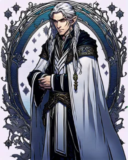 a young High Elf frost Wizard with long wiry hair, wearing a black trimmed white nobleman's robe and frost ornaments on clothes, with a small weasel on his shoulder