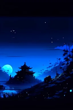 an abstract painting,retro , NFT, HD, chinese brush painting, blacklight, baddie, night sky background at night, moonlight, clean sky with only one star, akihiko yoshida,inspired by benoit mandelbrot and brian kesinger, design by cai guo qiang and have fire