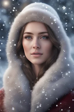 Create a hyperrealistic portrait of an enchanting woman adorned in winter attire, surrounded by softly falling snowflakes. Capture the essence of a serene December evening with subtle hints of Christmas magic." The image should capture the intricate details of her attire and the textures of the scene. Ensure the final images exhibit the utmost quality, encompassing 4K, 8K, 64K resolutions, with 3D rendering that manifests in photorealistic, hyperrealistic, and highly detailed representations. Em