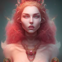 Fire witch, intimidating beauty, young, round face, pale blushing freckled skin, wild curly pink hair, red color eyes, wearing a pink witch hat, wearing a glowing pink and red crystal necklace