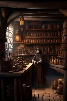 inside of a medieval shop, wooden walls, log pillars, stone desk with shop keeper behind it,