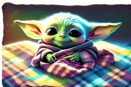 Cute happy Baby Yoda sits on a colourful plaid fleece blanket and plays with tiny floating phosphorescent planets in the sunlight