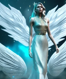 A crystalised queen, atmospheric, realistic, unreal engine, cinematic lighting, octane render, transparent long dress, blonde, full body, wings