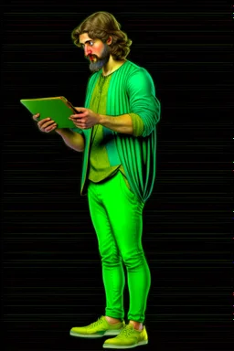 Modern guy, 20s, holding ipad, hand lower, looks like a renaissance painting, facing forward, full body, green, right hand pointing down.