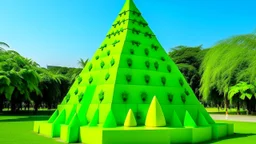 A lime green pyramid with spiders designed in Moai statues painted by Antoni Gaudi
