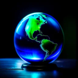 an earth globe looking like a crystal ball in a dark room, dark green and blue colors, fantasy atmosphere, photo quality