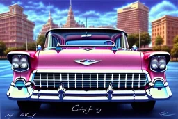 a true-to-life 1955 chevrolet nomad, classic wheels, centered, intricate, extreme detailed, photorealism, center view, city background, pivot on chevrolet, pen and color marker painting by cheryl kelley