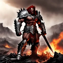 once a flourishing field, now reduced to burned ruins, fumes of death hung heavy in the air. Amidst the devastation, an enraged red Barbarian, a towering figure of wrath and fury, thundered across the desolate landscape. His eyes blazed with a primal rage as he sprinted towards a lone white paladin, clad in chrome steel plate armor, a beacon of light amidst the darkness.