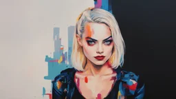 Suicide Squad Harley Quinn Margot Elise Robbie Pop Art psychology oil paiting In depth psychology display Roy Fox Lichtenstein style, dream, symptom, image in the background in the city artgerm display Gustav Klimt style artgerm display in the Barcelona the 2024th century oil paiting. and the city itself seemed like a big illusion, full of light and shadows. Barcelona city the 2024th century