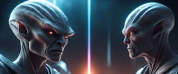 Close-up confrontation between an ancient alien outcast leader and a space broker, standing only a meter apart, intense eye contact, glowing crystalline rod between them, anger mixed with sadness, dramatic facial expressions, shallow depth of field, cinematic lighting, stylized 3D anime, airbrush painting, crisp outlines