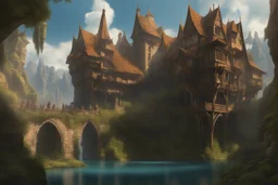 medieval buildings with balconies overhanging lake edge with blue sky and people, photorealism detailed matte painting, fantastical, intricate detail, splash screen, concept art