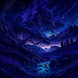 landscape, epic, intricate details, high detail, stars , deep blue and purple