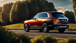 A sleek rear view of (((a cross of Rolls royce cullinan and super tuner))), on street, with hill and trees around, a beautiful clouds and sunny weather, 4K, Superdetailed, No mistakes