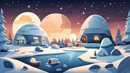 cartoon illustration: North Pole night, nature and igloos