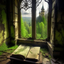 una libreta en un castillo abandonado con un bosque de fantasia en el fondo