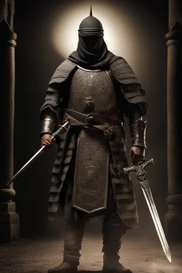 A picture of a strong Islamic knight holding a sword in his hand, at night, with his back to the camera