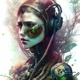 Singer Danish MØ, watercolor illustration , cyberpunk, steampunk, Dryad, plants, wildflower,Style Yoji Shinkawa,