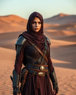 Dune Movie character ,fullbody stand on the desert Young Woman Warrior futuristic clothing hijab,deep blue eyes in Dune Movie Character