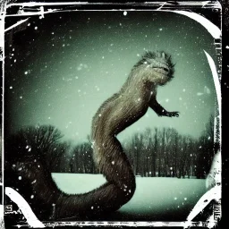 cryptid creature in the snow polaroid vintage style realistic