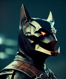 A badass Bat man wearing a dragon skull mask, atmospheric, realistic, unreal engine, cinematic lighting, octane render.