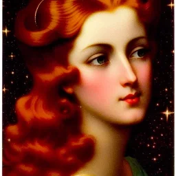 Young maggie rizer, meticulously detailed face, meticulously detailed multi-hued long red hair; ethereal fantasy. Maxfield Parrish. realistic oil painting. Victorian era, glitter, luminous color sparkles, old fashioned, vintage, antique, beautiful, renaissance, 16k