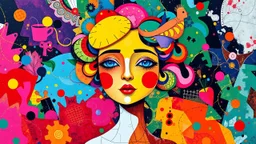 Inspired by frakenthaler Vibrant, abstract, whimsical, Full figure, head girl, white granite thought-provoking, balanced, funky, energetic, decorative, dramatic, surrealistic, cheerful, ornamental, handcrafted by geacometticonnection through vibrant abstraction, blending individuality and unity. Fragmented forms and bold colors symbolize emotional complexity, inviting reflection on relationships, communication, and the beauty of shared understanding. Kusuma. geometric,