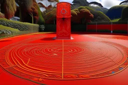 An orangish red basketball field designed in Maori sculptures painted by Peter Carl Faberge