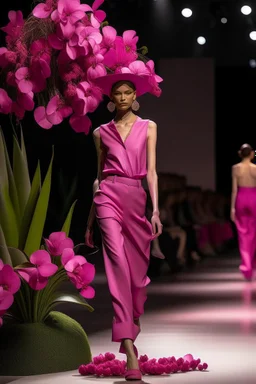 Model in runway with pink orchids like principal elements and element that recall olives trees and palm