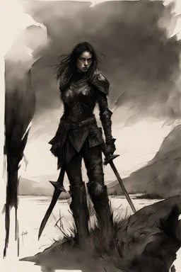 A formidable warrior girl in black armor, on the background Amazing gloomy landscape, flooded with sunset, mountains, trees, fabulous scary hero, , juicy emotions, painting, dark fantasy, gloomy day, dark world, portrait, A Quick Pencil Sketch Of A Portrait Of A 20 Years Old Woman; By Alex Maleev