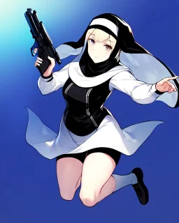 A nun in a short dress jumping with a gun