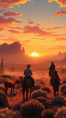 anime style, sunset, desert garden, three cowboys on horses with cows on his bourse , cinematic view