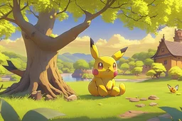 Anime, GENRE: Fantasy, SUBJECT(S): Pikachu, TIME PERIOD: Contemporary, COLOR: Yellow and Brown, ASPECT RATIO: 16:9, FORMAT: Digital, FRAME SIZE: 1920x1080, LENS SIZE: Standard, COMPOSITION: Centered, LIGHTING: Bright, LIGHTING TYPE: Natural, TIME OF DAY: Daytime, ENVIRONMENT: Exterior, LOCATION TYPE: Forest, SET: Forest Path, CAMERA: Stationary, LENS: Prime, FILM STOCK / RESOLUTION: 4k, TAGS: Cute, Adorable, Electric --v 5 --q 2 --ar 16:9