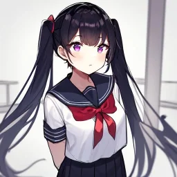 Clear focus, High resolution, rough line sketch, black long hair puffy twintails behind back, purple eyes, wearing a sailor uniform with a red bow, fluffy bangs, 1girl