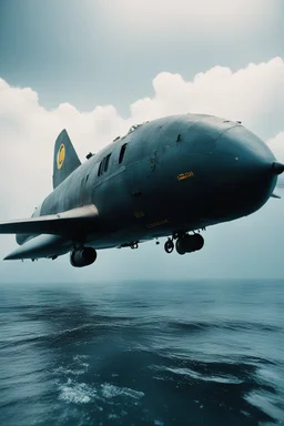 [very impressive high res masterpiece in Kodak Eastman 5247, scene by László Krasznahorkai] a war plane under the ocean, ready to fire