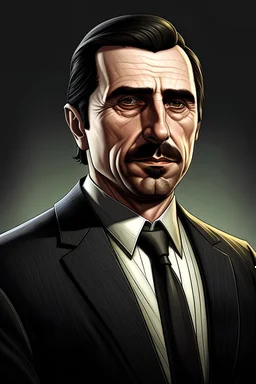 Please generate a portrait image that blends GTA5 and Godfather styles based on a young Christian Bale, highlighting the background style of GTA5, with the character dressed in a suit, well groomed and good looking.
