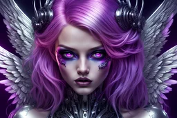 angel vampire, girl with in cyberpunk style, beautiful face and eyes, beauty girl, CHROME SILVER, CHROME RAINBOW, pinkhair, PRETTY EYES, highly detailed face, Ultra detailed digital art masterpiece, beautiful misterios dark violet fairy woman with a misterios nightmare