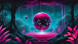 A vibrant pink and neon blue shower and tiny balls of energy, reminiscent of a nebula, set against among the dark silhouettes of plants , roots and trees, tiny metal ball robots floating and researches, cares plants, futuristic, etheral the essence of the energetic and captivating display, with the colors swirling throughout in the scene. digital art