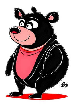 Pig in a black bear costume, in the style of early Hanna-Barbera