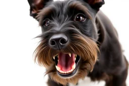 side-front of head nose, mouth with teeth, ears and eyes of a black Scottish terrier coming up from the side-bottom, mouth open biting, white background
