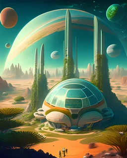 A futuristic Martian colony with dome habitats, astronauts tending to space gardens, and a majestic view of Earth rising in the sky.