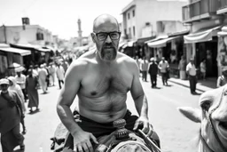 man looking like "Walter White" in breaking bad tv show, bald and goatee glasses, with bare chest riding on a camel in a alley Casablanca town, panorama, black and white photo, lot of markets and people in background