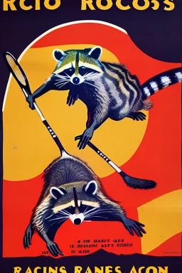 old man in 1928 poster advertising racoon tennis, raccons flying in air between tennis rackets while humans::4 use them as a tennis ball