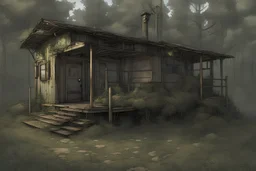 , administrative large cabin, overgrown, post-apocalyptic, comic book,