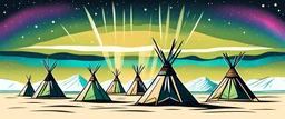 Prairie landscape, aurora borealis, 3 teepees, historically authentic, indigenous graphic style