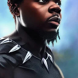 Fantasy, olamide as black panther, heroic, award winning, insanely detailed, sunlit, realistic, ocean,acrylic paint, 8k resolution, hdr, trident