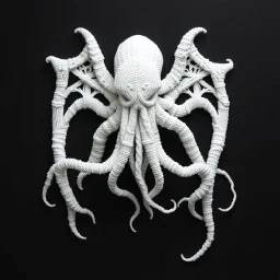 2D yarn art, minimalism, Cthulhu made entirely out of white yarn, dark negative space, extreme contrast, concept art, stunning, dramatic, intricate details, reminiscent of the stylized concept art of Ash Thorp, showing the beauty of simplicity