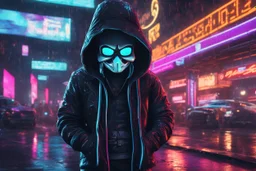 Sans in 8k cartoon artstyle, hacker them, neon effect, close picture, rain, fantasy world, intricate details, highly detailed, high details, detailed portrait, masterpiece,ultra detailed, ultra quality
